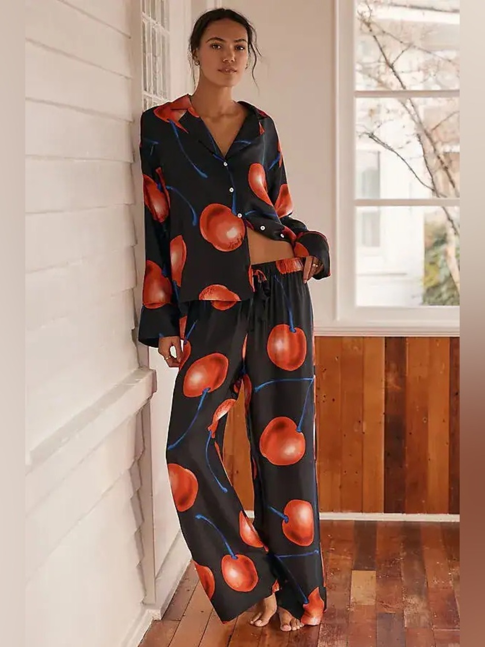 Lyrebird Silky Black Cherry Print Wide-Leg Two Piece Set nwt